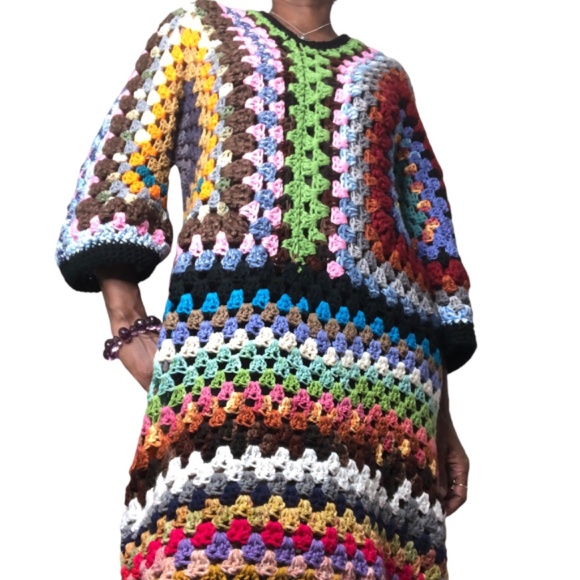 AMARA Bohemian Oversized Crochet Sweater Dress-Chunky Knit Kaleidoscope of Color - Picture 9 of 16